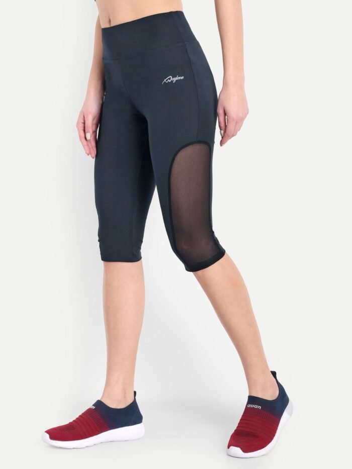 Waylene Women's Navy Blue High-Waisted Sports Capris with Mesh Panels | Yoga & Gym Wear India