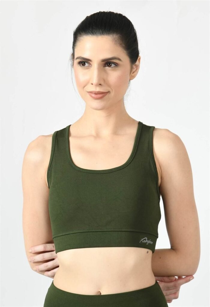 Waylene Women's Olive Green Racerback Sports Bra | Non-Wired & Lightly Padded | Gym & Yoga Wear India - Image 2