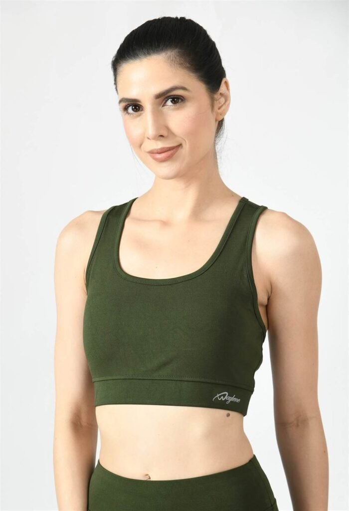 Waylene Women's Olive Green Racerback Sports Bra | Non-Wired & Lightly Padded | Gym & Yoga Wear India - Image 4