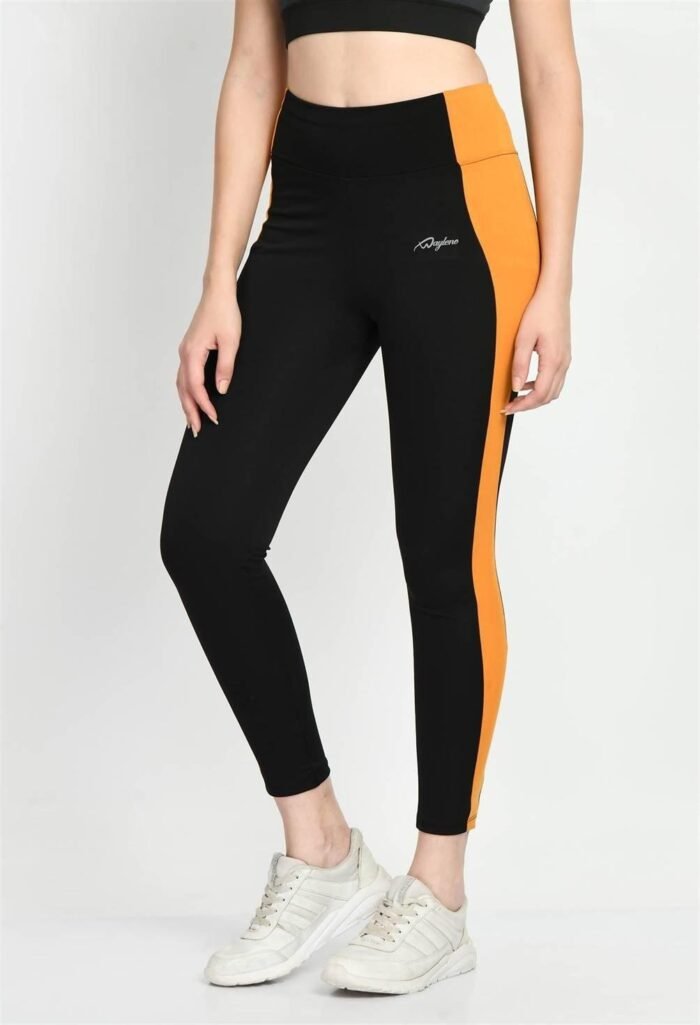 Waylene Color Block Black and Mustard Tights for Women, Shop Online, Buy Online - Perfect for Gym & Casual Wear