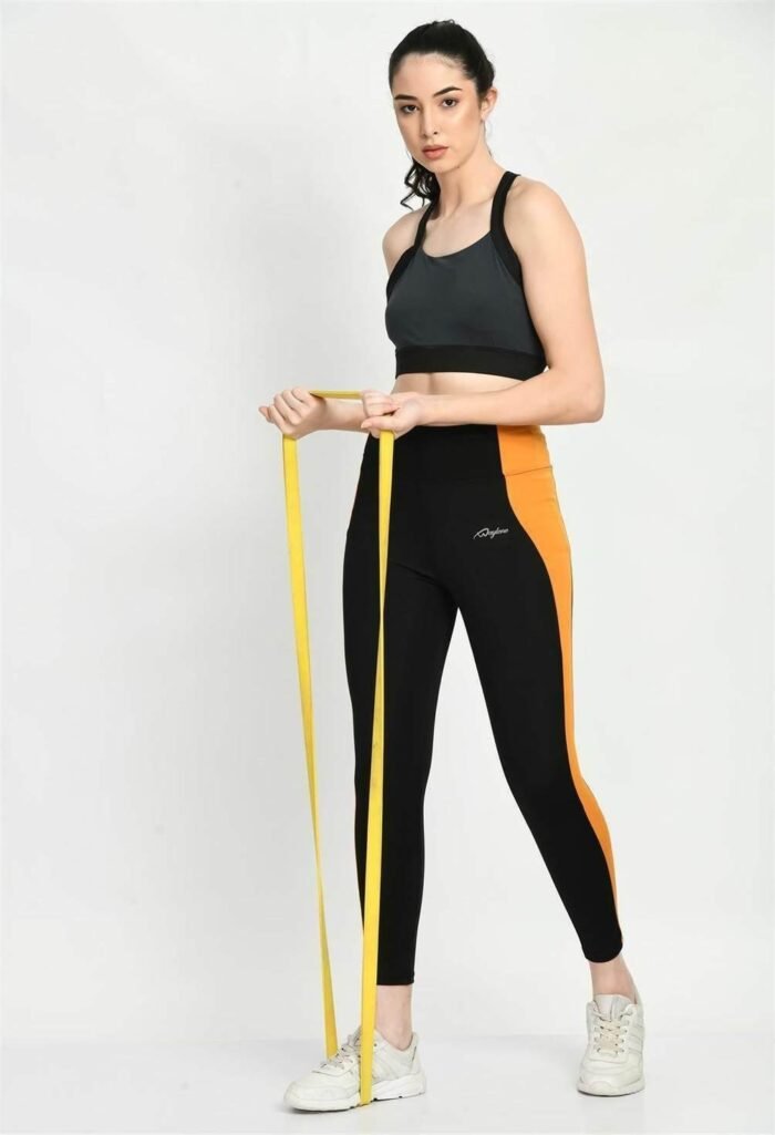 Waylene Color Block Black and Mustard Tights for Women, Shop Online, Buy Online - Perfect for Gym & Casual Wear - Image 2