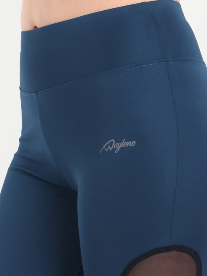 Waylene Women's Light Blue (Teal Blue) High-Waisted Sports Capris with Mesh Panels | India - Image 4