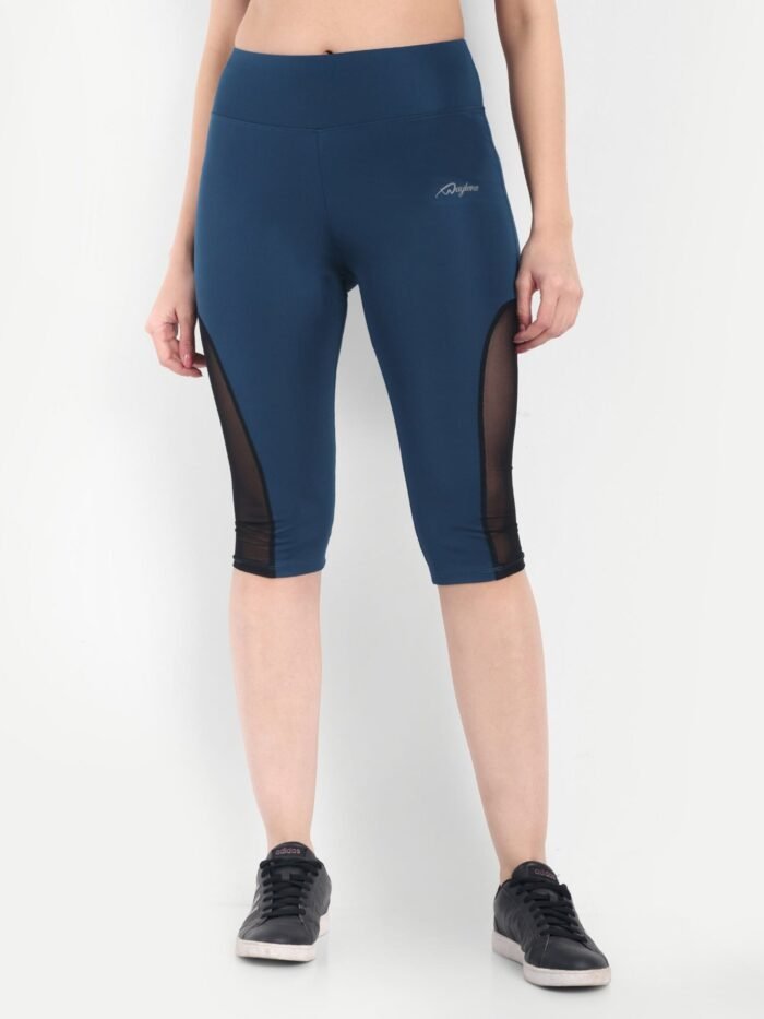 Waylene Women's Light Blue (Teal Blue) High-Waisted Sports Capris with Mesh Panels | India - Image 2