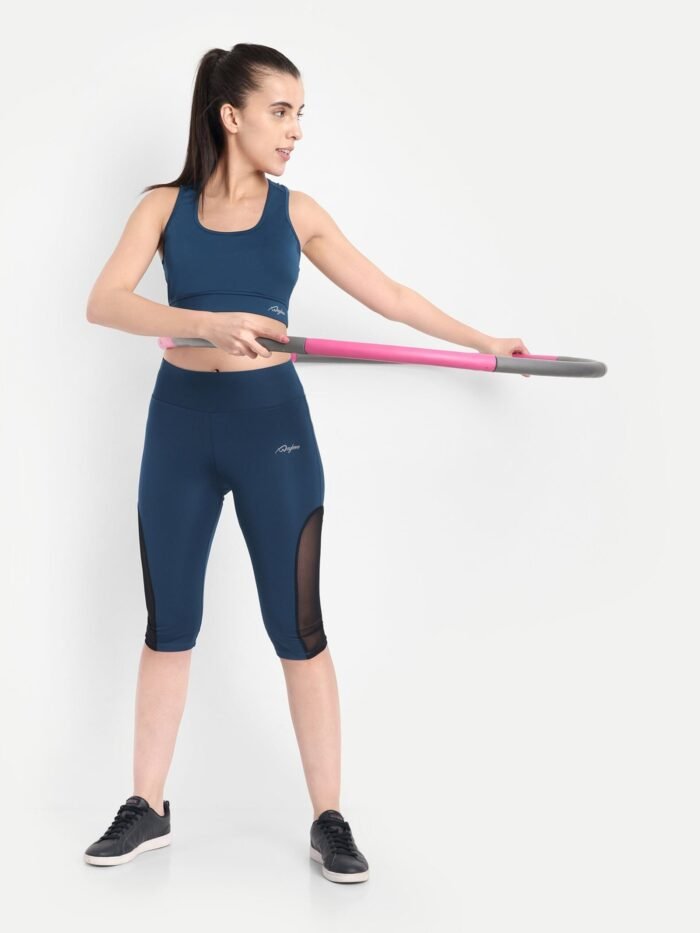 Waylene Women's Light Blue (Teal Blue) High-Waisted Sports Capris with Mesh Panels | India - Image 5