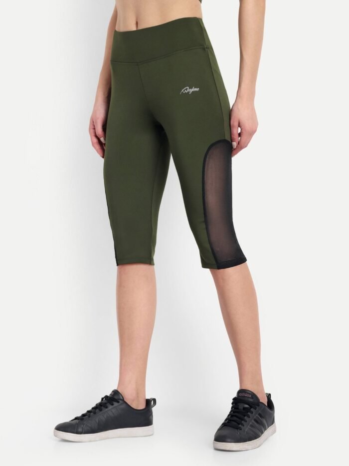 Waylene Women's Olive Green High-Waisted Sports Capris with Mesh Panels | Yoga & Gym Wear India