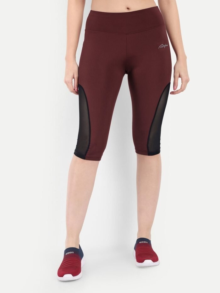 Waylene Women's Maroon (Wine) High-Waisted Sports Capris with Mesh Panels | Yoga & Gym Wear India - Image 2