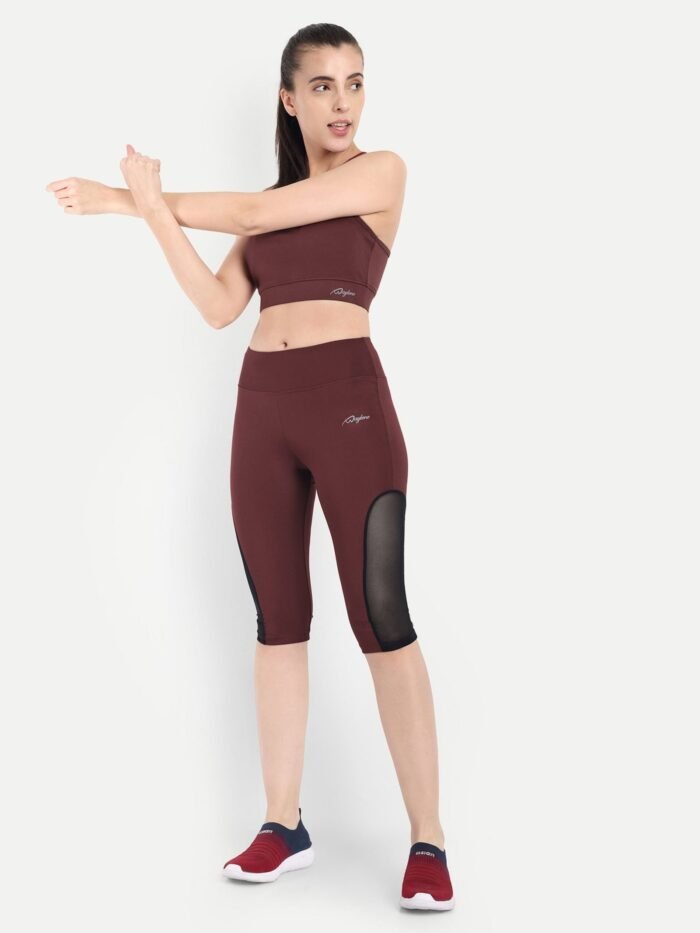 Waylene Women's Maroon (Wine) High-Waisted Sports Capris with Mesh Panels | Yoga & Gym Wear India - Image 5