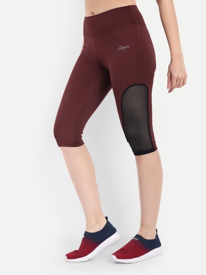 Waylene Women's Maroon (Wine) High-Waisted Sports Capris with Mesh Panels | Yoga & Gym Wear India