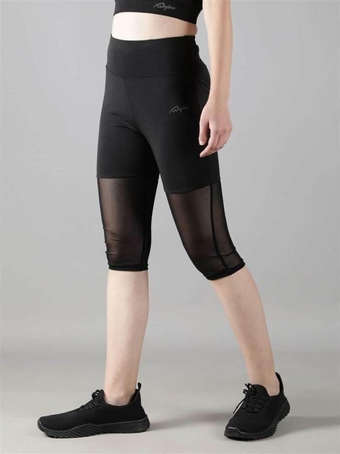 Waylene Women's Black High-Waisted Capri Leggings with Rounded Mesh | Gym & Yoga Wear India
