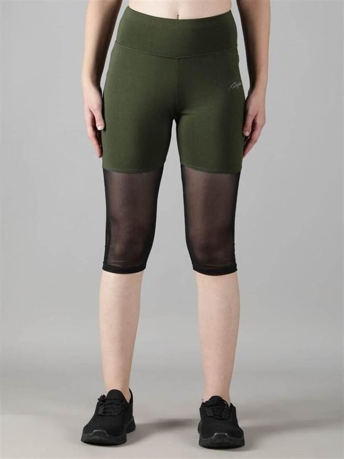 Waylene Women's Olive Green High-Waisted Capri Leggings with Rounded Mesh | Gym & Yoga Wear India - Image 3