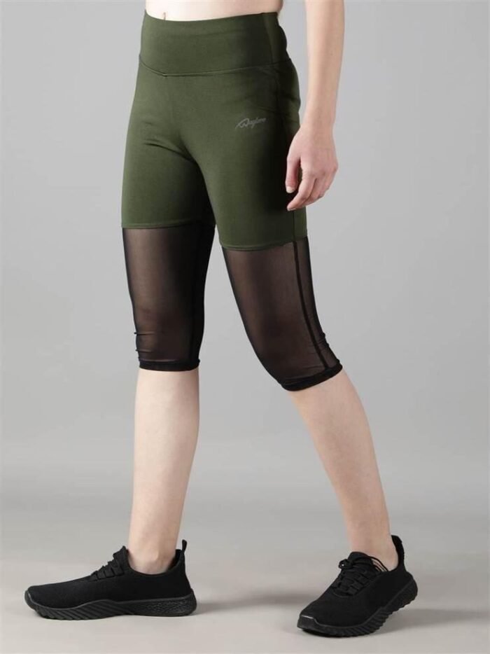 Waylene Women's Olive Green High-Waisted Capri Leggings with Rounded Mesh | Gym & Yoga Wear India