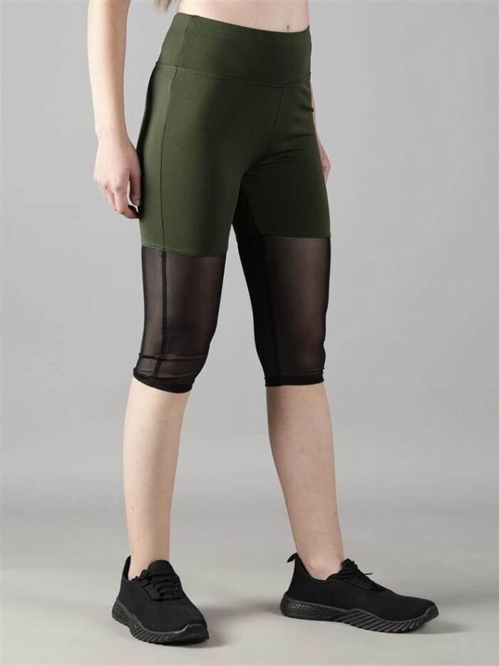 Waylene Women's Olive Green High-Waisted Capri Leggings with Rounded Mesh | Gym & Yoga Wear India - Image 2