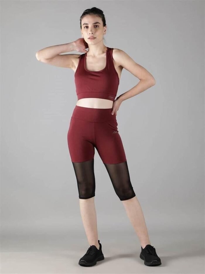 Waylene Women's Maroon (Wine) High-Waisted Capri Leggings with Rounded Mesh | Gym & Yoga Wear India - Image 4