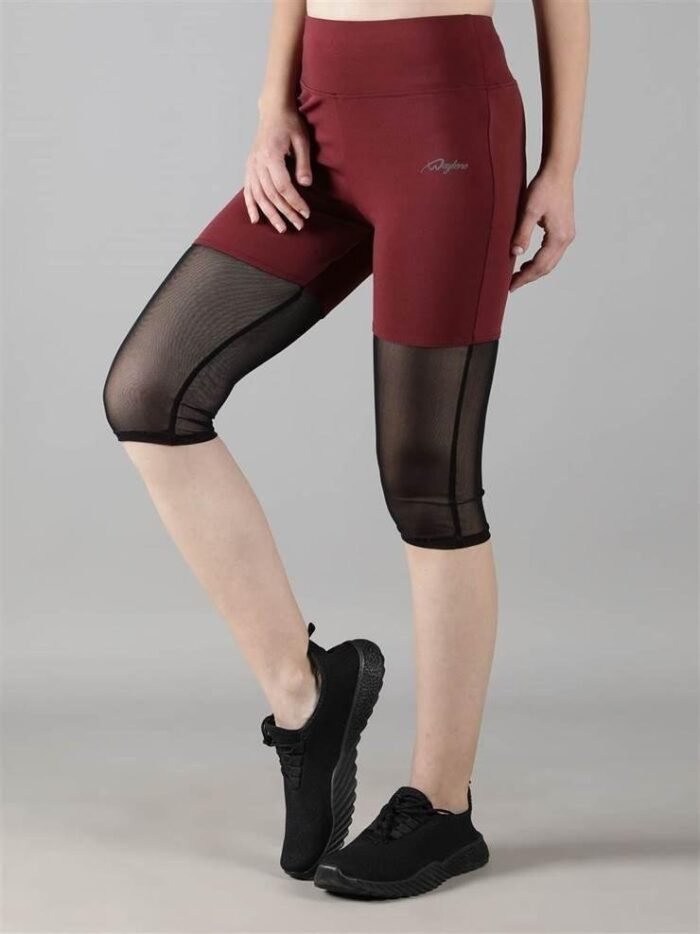 Waylene Women's Maroon (Wine) High-Waisted Capri Leggings with Rounded Mesh | Gym & Yoga Wear India