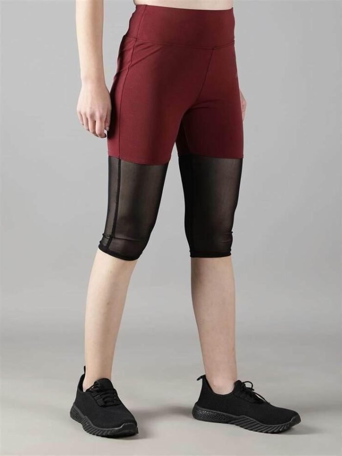 Waylene Women's Maroon (Wine) High-Waisted Capri Leggings with Rounded Mesh | Gym & Yoga Wear India - Image 2
