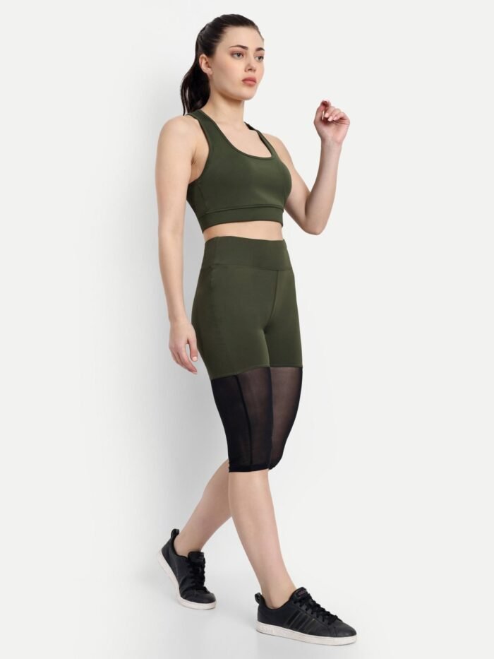 Olive Green Women's Activewear Track Suit Set - Capri Tights and Sports Bra for Yoga and Gym - Image 2