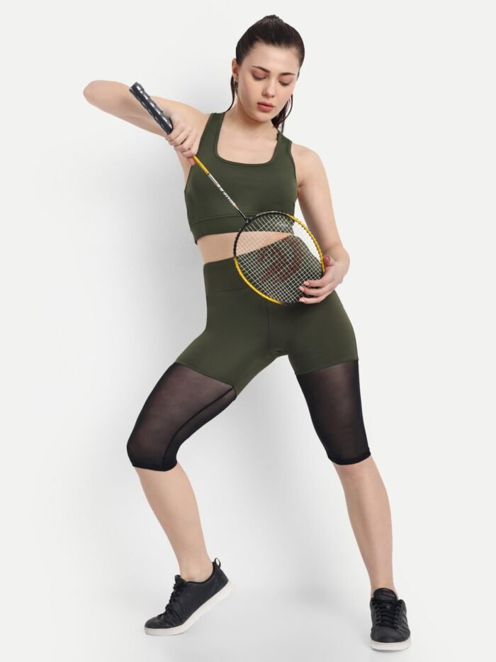 Olive Green Women's Activewear Track Suit Set - Capri Tights and Sports Bra for Yoga and Gym