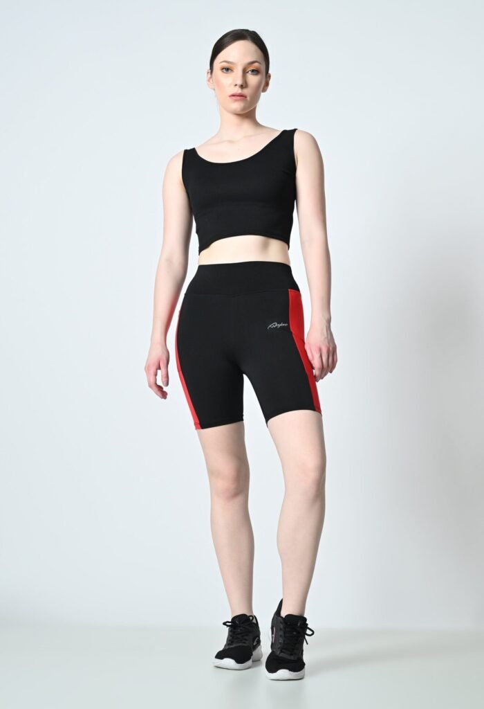Waylene Black and Red Colour Block Women's Gym Shorts: High-Performance, Dry-Fit & Slim Fit for Gym, Training, Running, Cycling & Yoga - Image 2