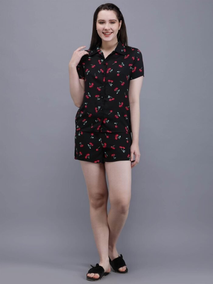 Waylene Cherry-Printed Black Shirt & Shorts Set for Women, Ideal for Casual Wear, Shop Online, Buy Online