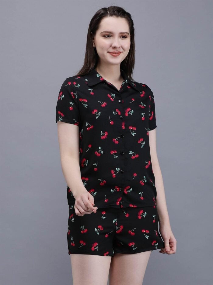 Waylene Cherry-Printed Black Shirt & Shorts Set for Women, Ideal for Casual Wear, Shop Online, Buy Online - Image 6