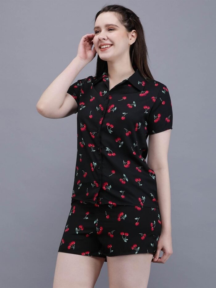 Waylene Cherry-Printed Black Shirt & Shorts Set for Women, Ideal for Casual Wear, Shop Online, Buy Online - Image 5