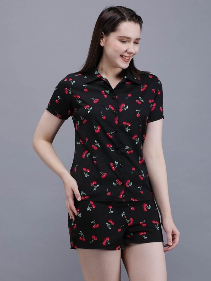 Waylene Cherry-Printed Black Shirt & Shorts Set for Women, Ideal for Casual Wear, Shop Online, Buy Online - Image 4