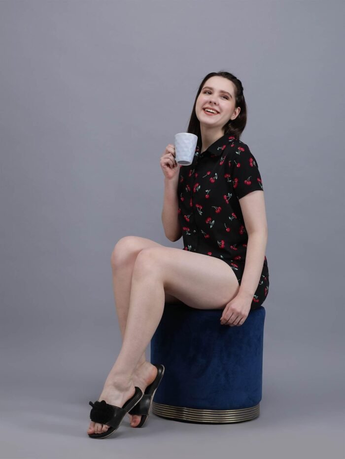 Waylene Cherry-Printed Black Shirt & Shorts Set for Women, Ideal for Casual Wear, Shop Online, Buy Online - Image 3