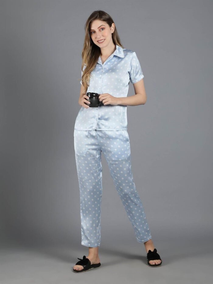 Waylene Light Blue Polka Dot Satin PJ Set for Women, Shop Online, Buy Online - Luxurious Casual Wear - Image 2
