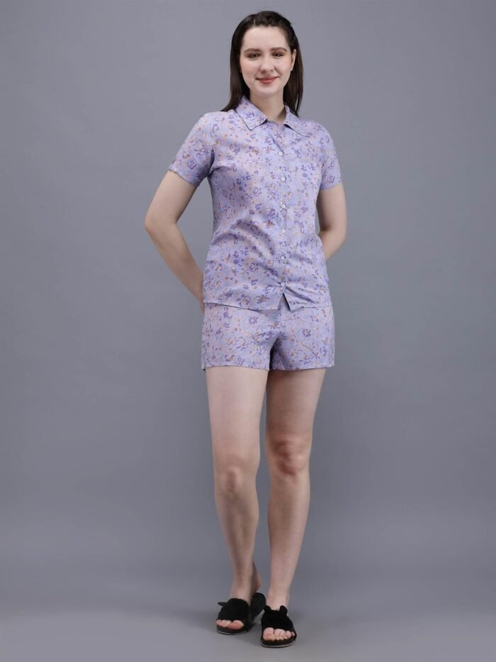 Waylene Light Purple Floral Print Shirt & Shorts Set for Women, Shop Online, Buy Online - Image 3