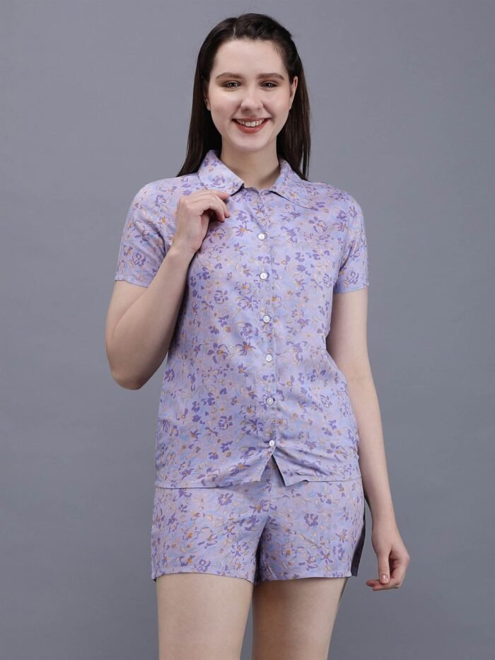 Waylene Light Purple Floral Print Shirt & Shorts Set for Women, Shop Online, Buy Online - Image 2
