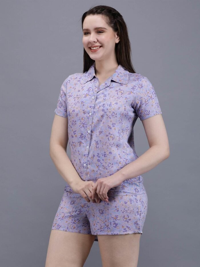 Waylene Light Purple Floral Print Shirt & Shorts Set for Women, Shop Online, Buy Online