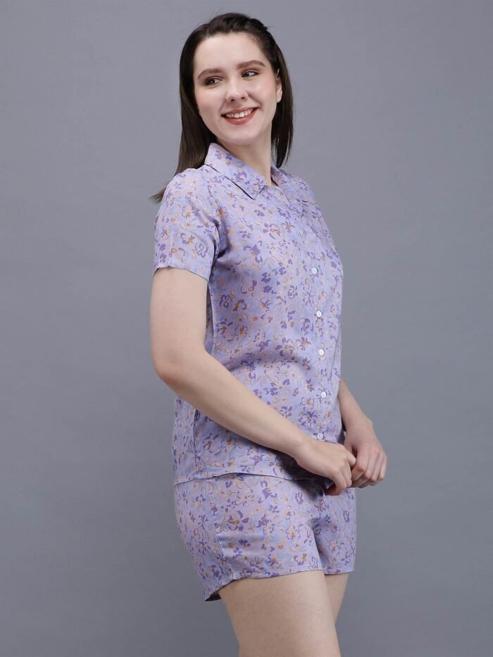 Waylene Light Purple Floral Print Shirt & Shorts Set for Women, Shop Online, Buy Online - Image 8