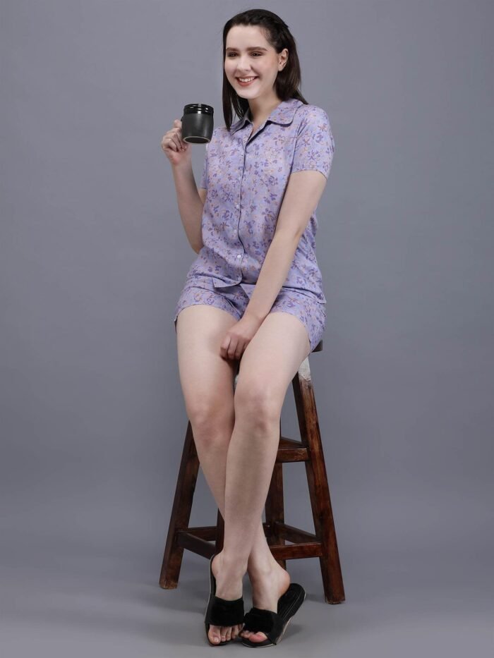 Waylene Light Purple Floral Print Shirt & Shorts Set for Women, Shop Online, Buy Online - Image 7