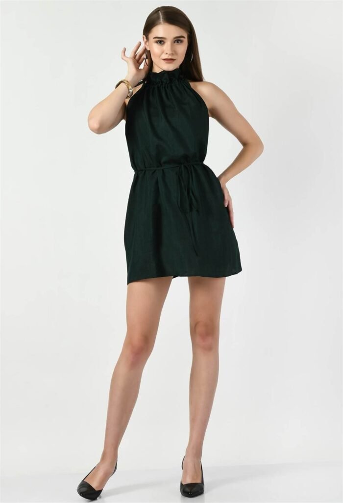 Waylene Dark Green Sleeveless A-Line Dress with Tie-Up Waist for Women, Shop Online, Buy Online - Image 7
