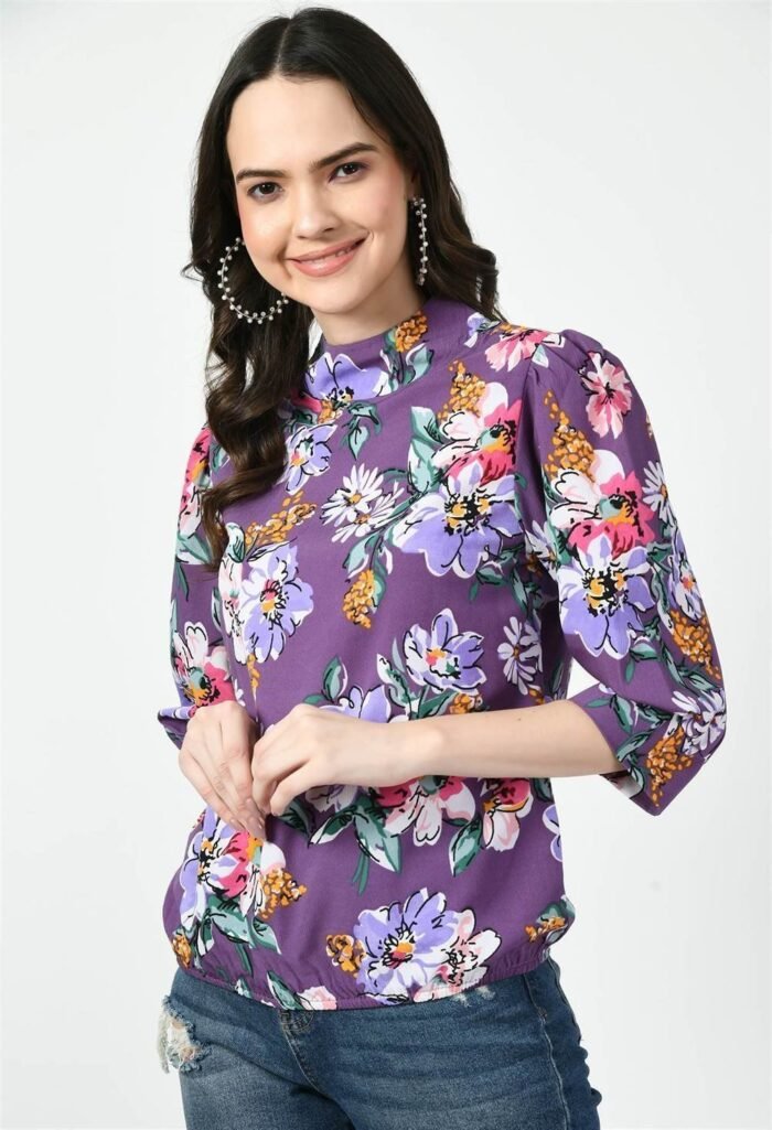 Waylene High Neckline Purple Floral Western Top for Women, Shop Online, Buy Online
