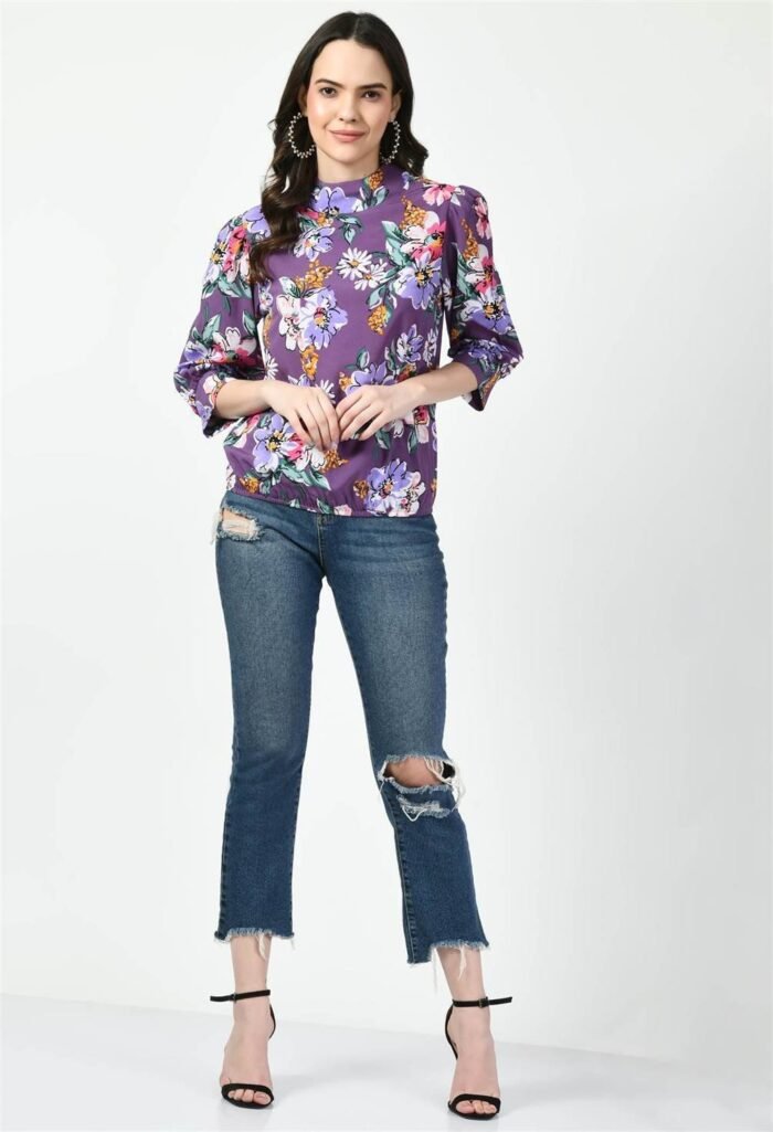 Waylene High Neckline Purple Floral Western Top for Women, Shop Online, Buy Online - Image 4