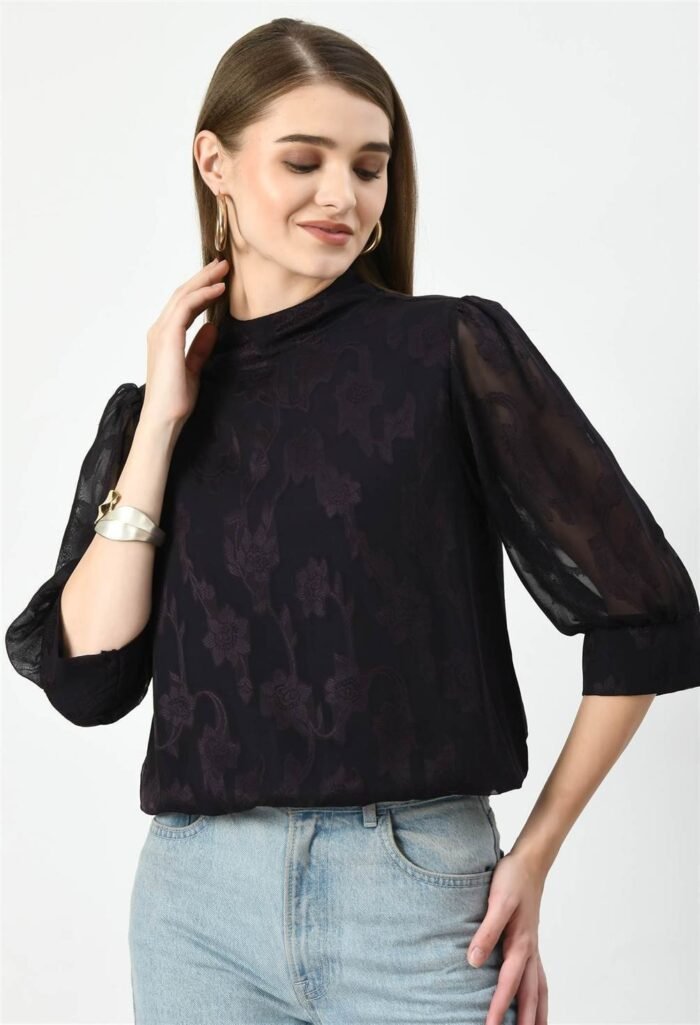 Waylene Dark Jamuni Western Top with Sheer Puff Sleeves for Women, Shop Online, Buy Online