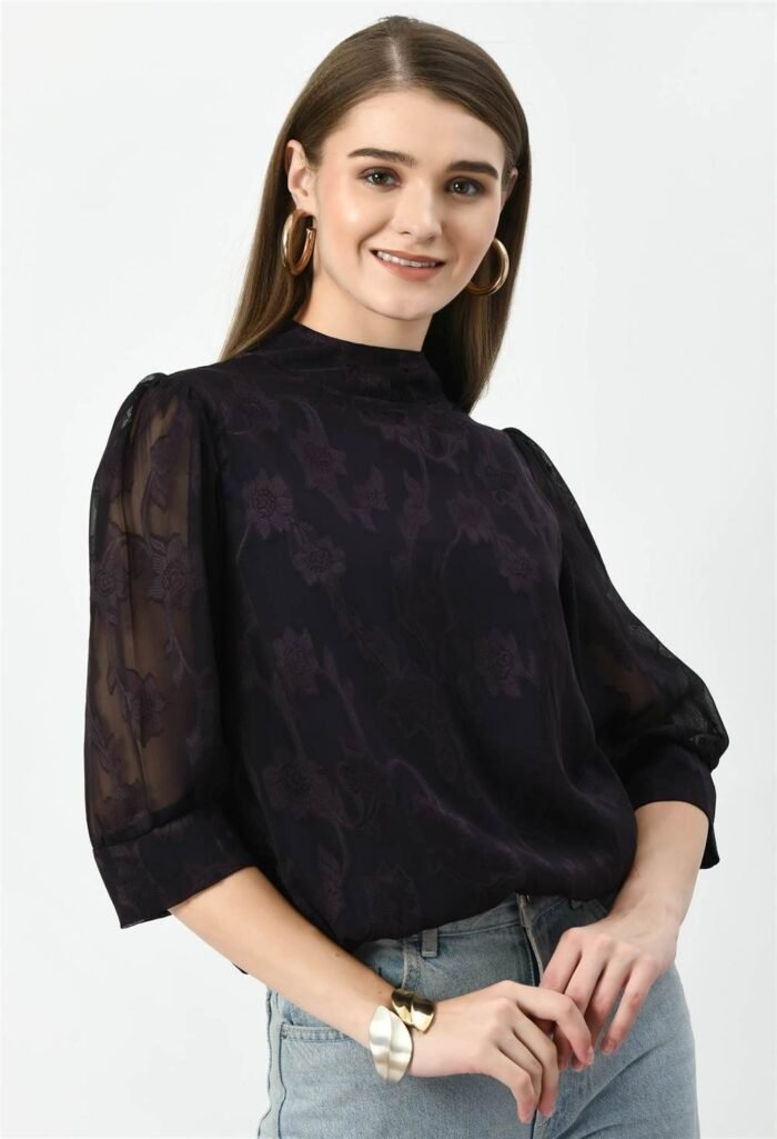 Waylene Dark Jamuni Western Top with Sheer Puff Sleeves for Women, Shop Online, Buy Online - Image 5