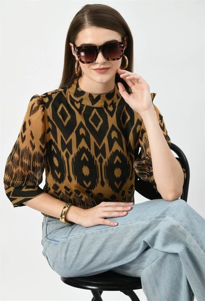 Waylene High-Neck Geometric Print Western Top for Women, Peach Color, Shop Online, Buy Online