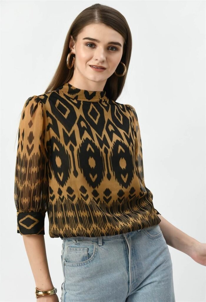 Waylene High-Neck Geometric Print Western Top for Women, Peach Color, Shop Online, Buy Online - Image 5
