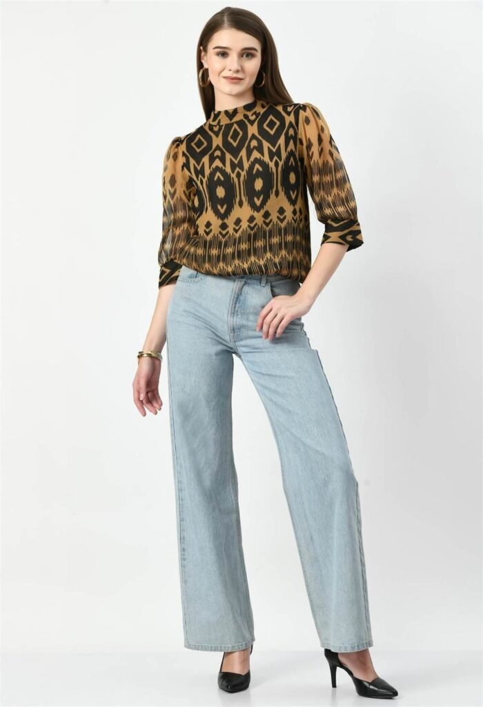 Waylene High-Neck Geometric Print Western Top for Women, Peach Color, Shop Online, Buy Online - Image 3
